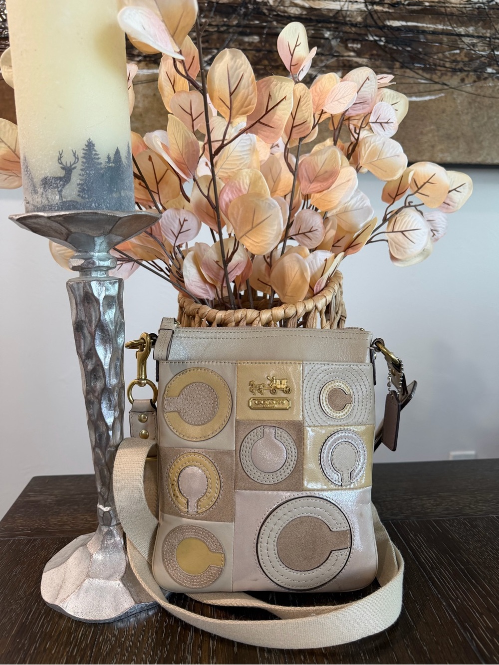 Coach Kitt Patchwork Crossbody in Beige and Gold Style 44299